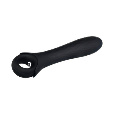 Black silicone vibrator with wavy texture and ergonomic ring handle for easy grip, rechargeable and waterproof design.