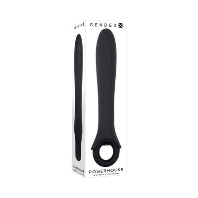 Black silicone vibrator with wavy texture and ring handle, shown with its white retail packaging.