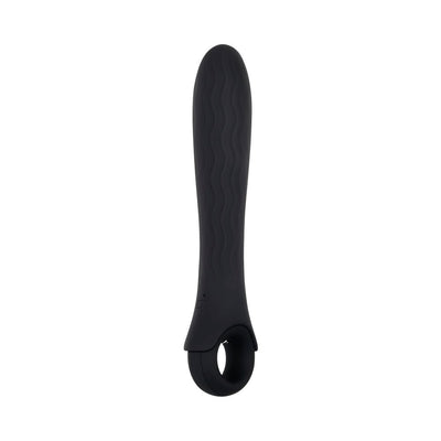 Black silicone vibrator with wavy texture and ring handle for easy grip, designed for versatile and powerful use.