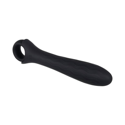 Black silicone vibrator with wavy textured shaft and ring handle for easy grip, designed for versatile use.