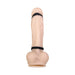 Black triple ring vibrating penis sheath displayed on a flesh-toned model with textured silicone material.