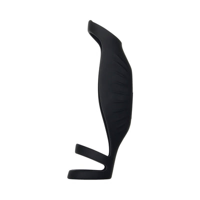 Black silicone vibrating penis sheath with triple ring design and textured surface, shown on white background.