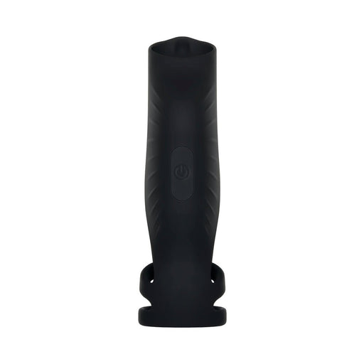 Black silicone vibrating penis sheath with triple ring design and central power button on a white background.