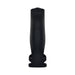 Black silicone vibrating penis sheath with triple ring design and central power button on a white background.