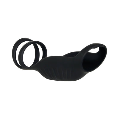 Black silicone triple ring vibrating penis sheath with ergonomic design and flexible loops for secure fit.