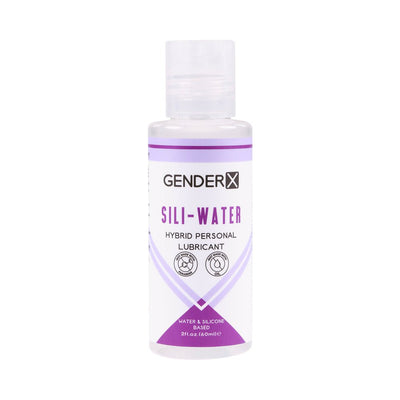 Bottle of Gender X Sili-water hybrid personal lubricant with purple and white label, 2 fl oz size.