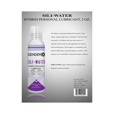 Bottle of Gender X Sili-Water hybrid personal lubricant with product details and usage instructions on a gray background.