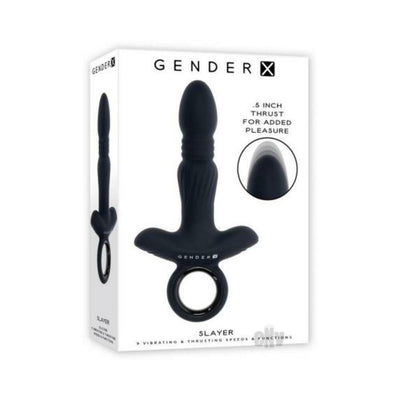 Black silicone rechargeable thrusting ring vibrator with ergonomic finger grip shown on white packaging box.