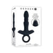 Black silicone rechargeable thrusting ring vibrator with ergonomic finger grip shown on white packaging box.