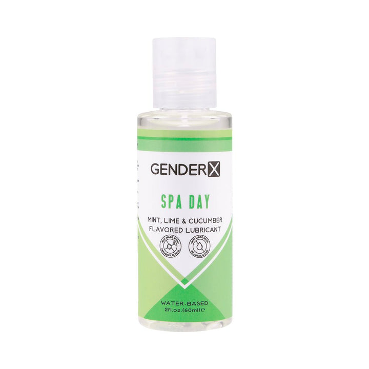 Bottle of Gender X Spa Day water-based lubricant with mint, lime, and cucumber flavor in 2 fl oz size.