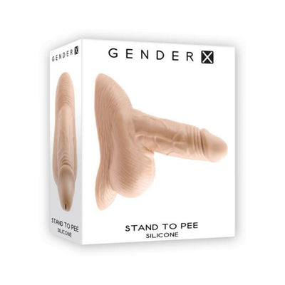 Gender X silicone stand-to-pee funnel with realistic texture shown on product packaging box.
