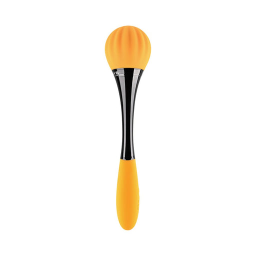 Yellow and black double-ended vibrator with a textured round head and smooth ergonomic handle design.