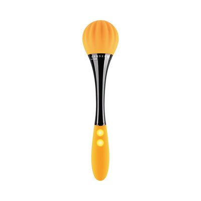 Yellow double-ended vibrator with textured round head, black chrome stem, and illuminated control buttons.