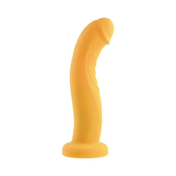 Yellow silicone vibrator with gently curved, textured shaft and flared base standing upright on white background.