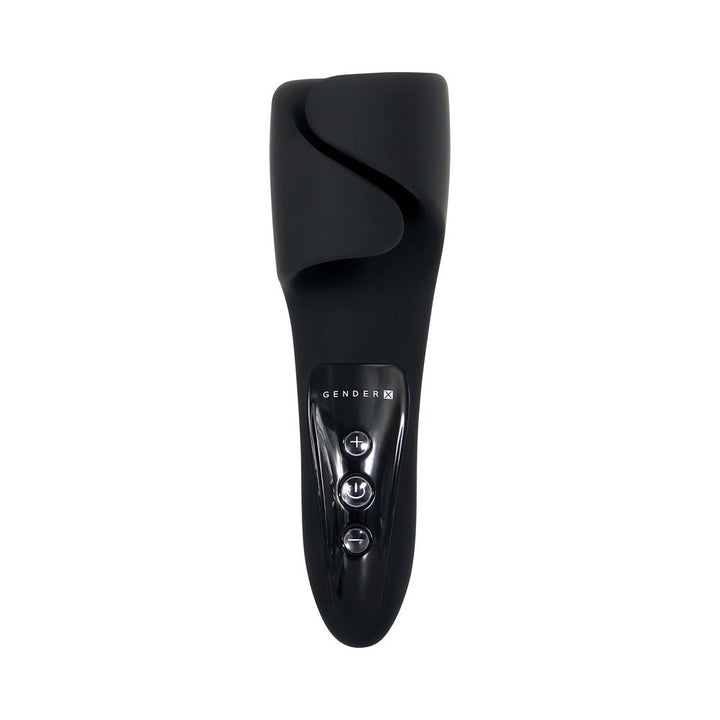 Black Gender X The Embrace Pulsating Masturbator with ergonomic handle and three-button control panel on white background.