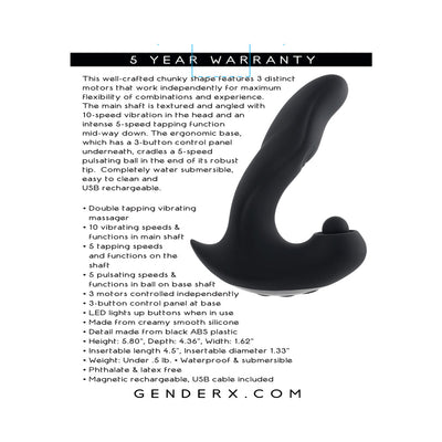 Black ergonomic vibrating massager with textured angled shaft and pulsating ball base, USB rechargeable and waterproof.