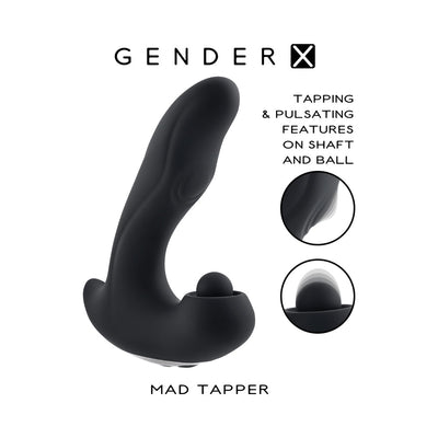 Black ergonomic silicone massager with tapping and pulsating features on shaft and base ball, shown with motion effect highlights.