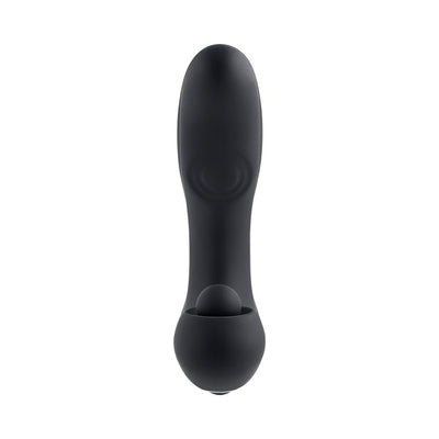 Black silicone multi-motor massager with textured angled shaft and rounded pulsating ball base.