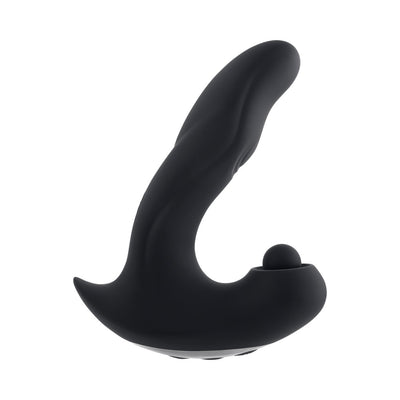Black ergonomic silicone massager with textured curved shaft and pulsating ball base, featuring three independent motors.