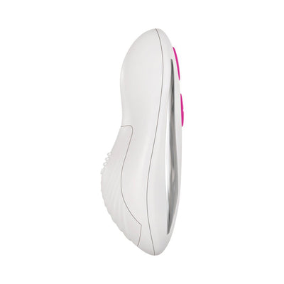 Side view of a sleek white and pink remote control vibrator with ergonomic curves and textured grip.