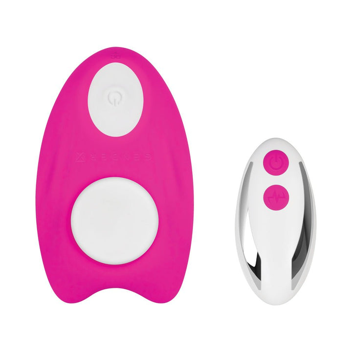 Pink and white silicone wearable vibrator with matching white and chrome remote featuring pink buttons.