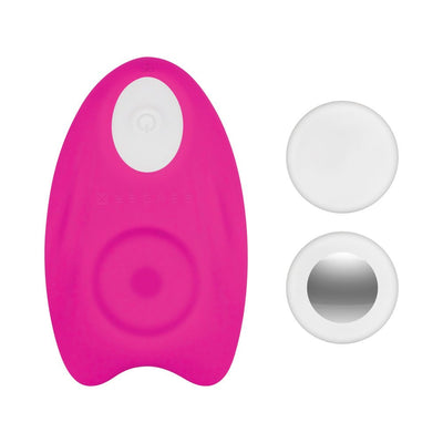 Pink silicone wearable vibrator with white magnetic fasteners, including one with chrome detail, shown on white background.