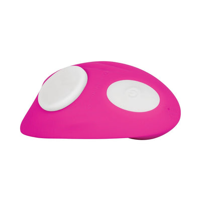 Pink curved silicone wearable vibrator with two white control buttons on a white background.