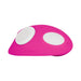 Pink curved silicone wearable vibrator with two white control buttons on a white background.