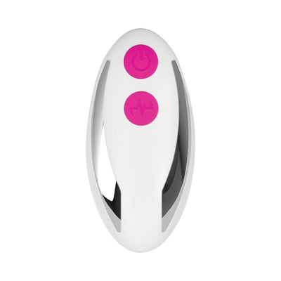 White and pink remote control with two buttons for the Gender X Under The Radar Underwear Vibrator.