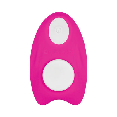 Pink and white Gender X Under The Radar remote-control underwear vibrator with smooth silicone surface and power button.