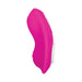 Pink silicone remote-control vibrator with curved ergonomic design and white magnetic fastener attachment.