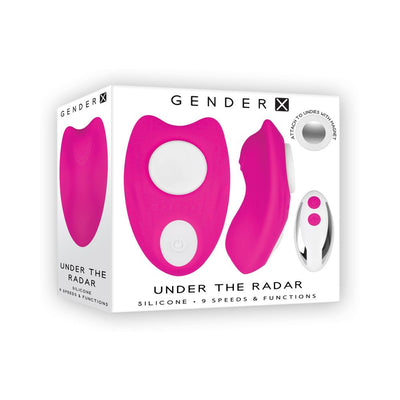 Packaging of Gender X Under The Radar pink silicone underwear vibrator with remote control shown on front and side panels.