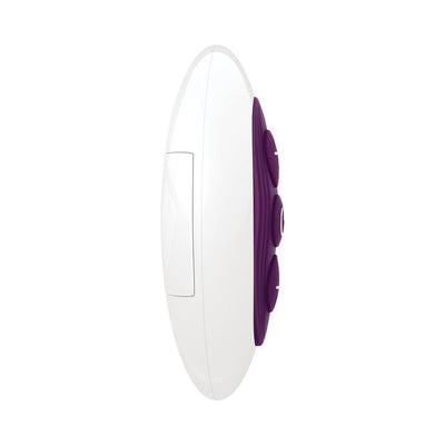 White and purple compact remote control with three buttons for the Gender X Velvet Hammer wearable massager.