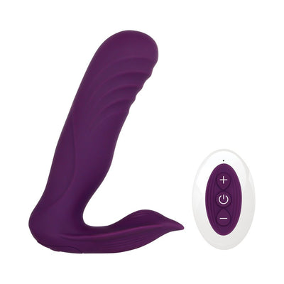 Purple silicone wearable vibrator with textured shaft and stingray-shaped stimulator, paired with a white and purple remote control.
