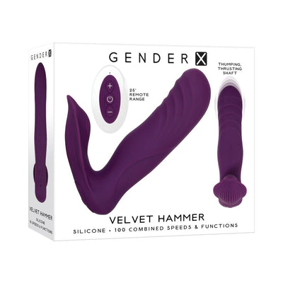 Purple silicone wearable vibrator with dual motors, remote control, and textured thrusting shaft shown on product packaging.