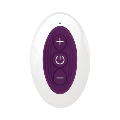 White oval remote control with purple buttons for power and intensity adjustment on a white background
