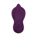 Purple silicone wearable massager with textured surface and power button on front.