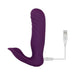 Purple dual-motor wearable vibrator with textured shaft and stingray-shaped external stimulator, shown with USB charging cable.