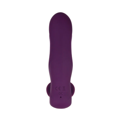 Purple silicone wearable vibrator with smooth, curved design shown from the back on a white background.