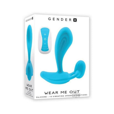 Blue silicone wearable with remote control displayed on white Gender X packaging box.