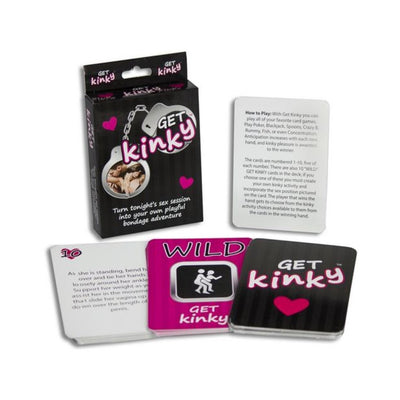 Get Kinky card game box with instruction and activity cards for playful bondage-themed couples' fun.