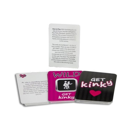 Get Kinky card game showing instruction, wild, and activity cards with playful design and text.