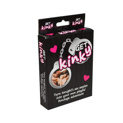 Get Kinky card game box featuring handcuff design and playful bondage adventure text with pink heart accents.