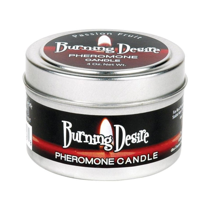Burning Desire passion fruit scented pheromone massage candle in a silver tin container, 4 oz size.