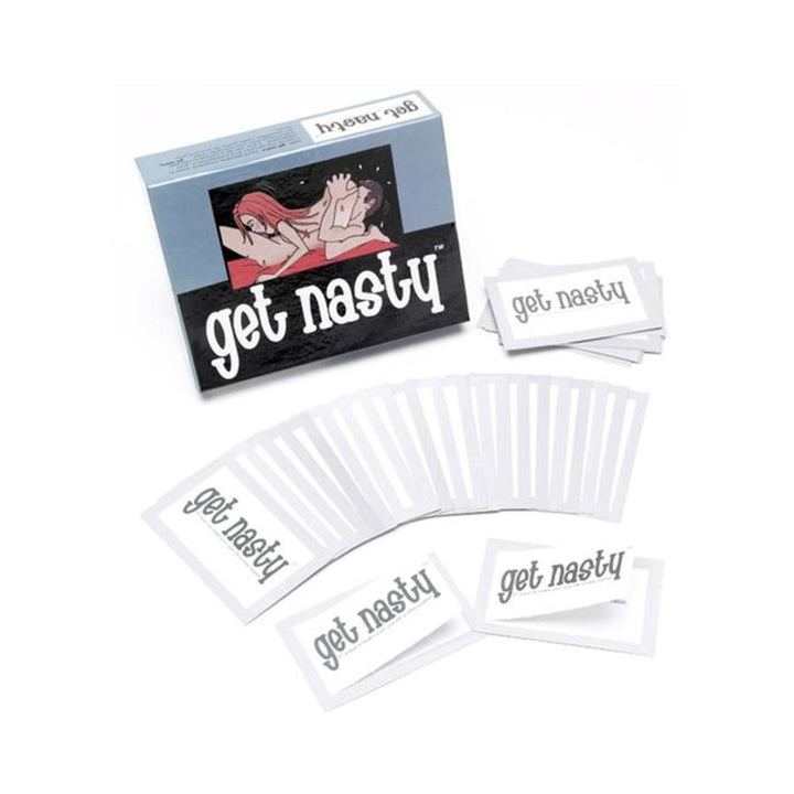 Get Nasty Game box with illustrated cover and spread of white pull-tab cards labeled get nasty for couples play.