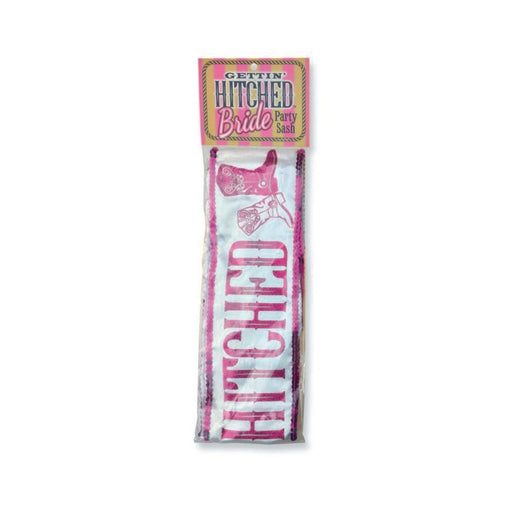Packaged white bridal sash with pink glitter lettering reading "Gettin' Hitched Bride Party Sash" and cowboy boot graphics.