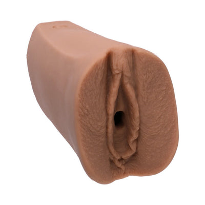 Tan handheld realistic pocket stroker molded from Brittanya Razavi's body with detailed textured interior.