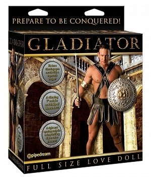 Packaging of Gladiator full size inflatable male love doll featuring a warrior design with shield and spear.