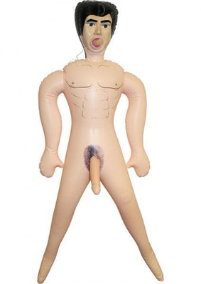 Full-size inflatable male doll with dark hair, defined chest, and 7-inch vibrating feature.