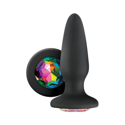Black tapered silicone butt plug with a colorful faceted gem base for a stylish and elegant touch.